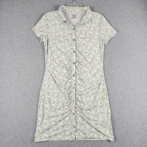 No Boundaries Mini Dress Womens M Green Floral Checkered Ruched Button Front Y2K